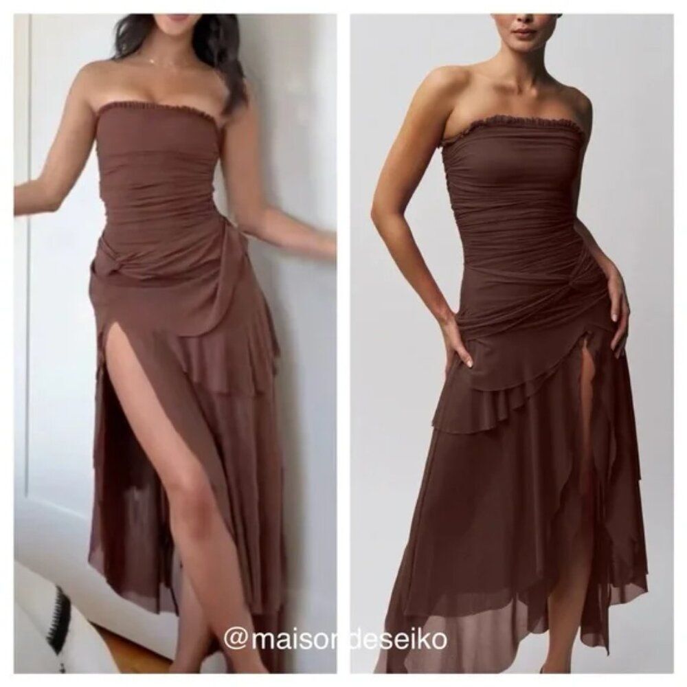 NWT Danielle Guizio Maxi Dress Brown Mesh Lyla Strapless Ruffle Draped size XS